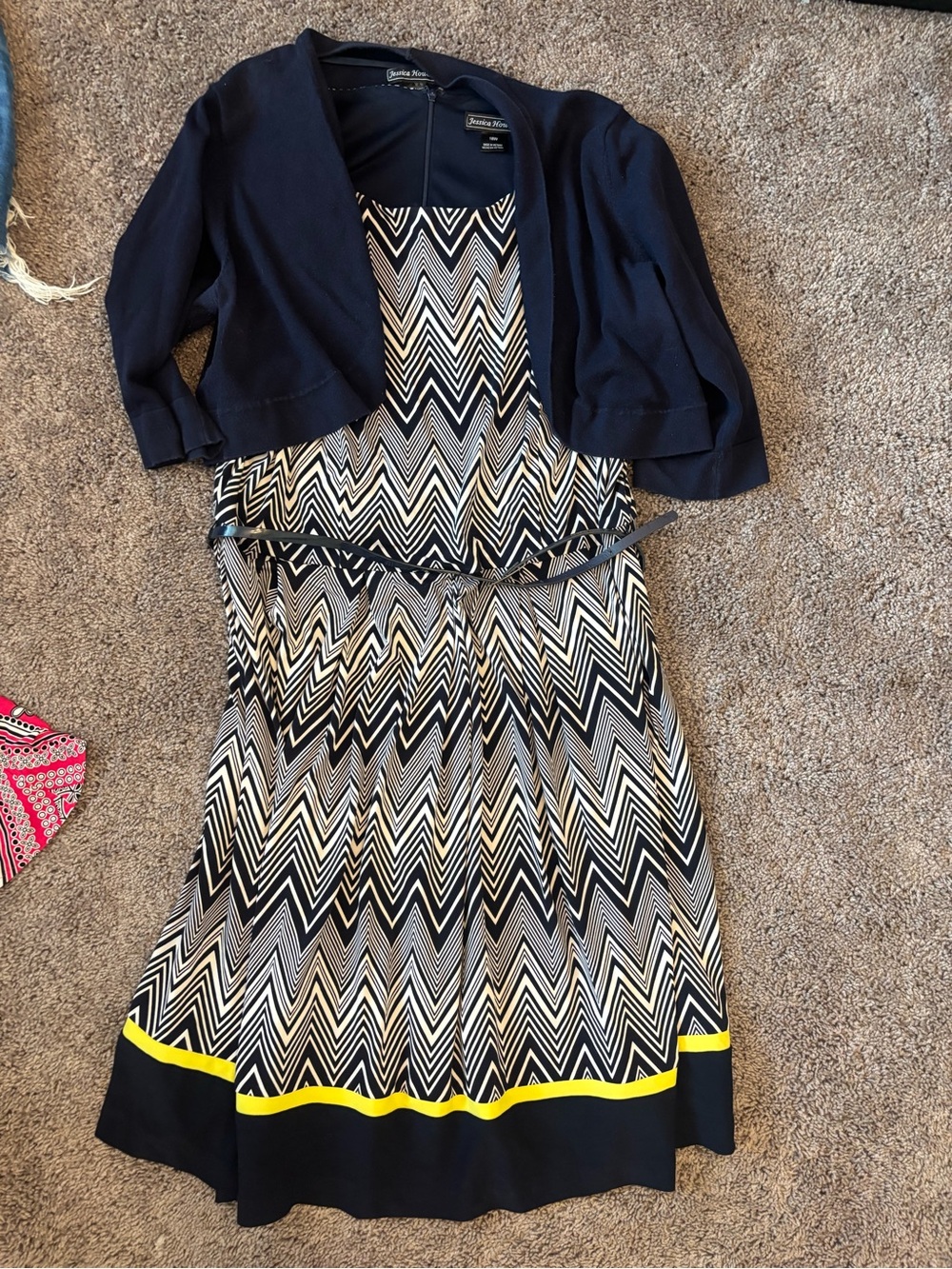 Jessica Howard Navy Chevron Midi Dress with Jacket - Black, White & Yellow